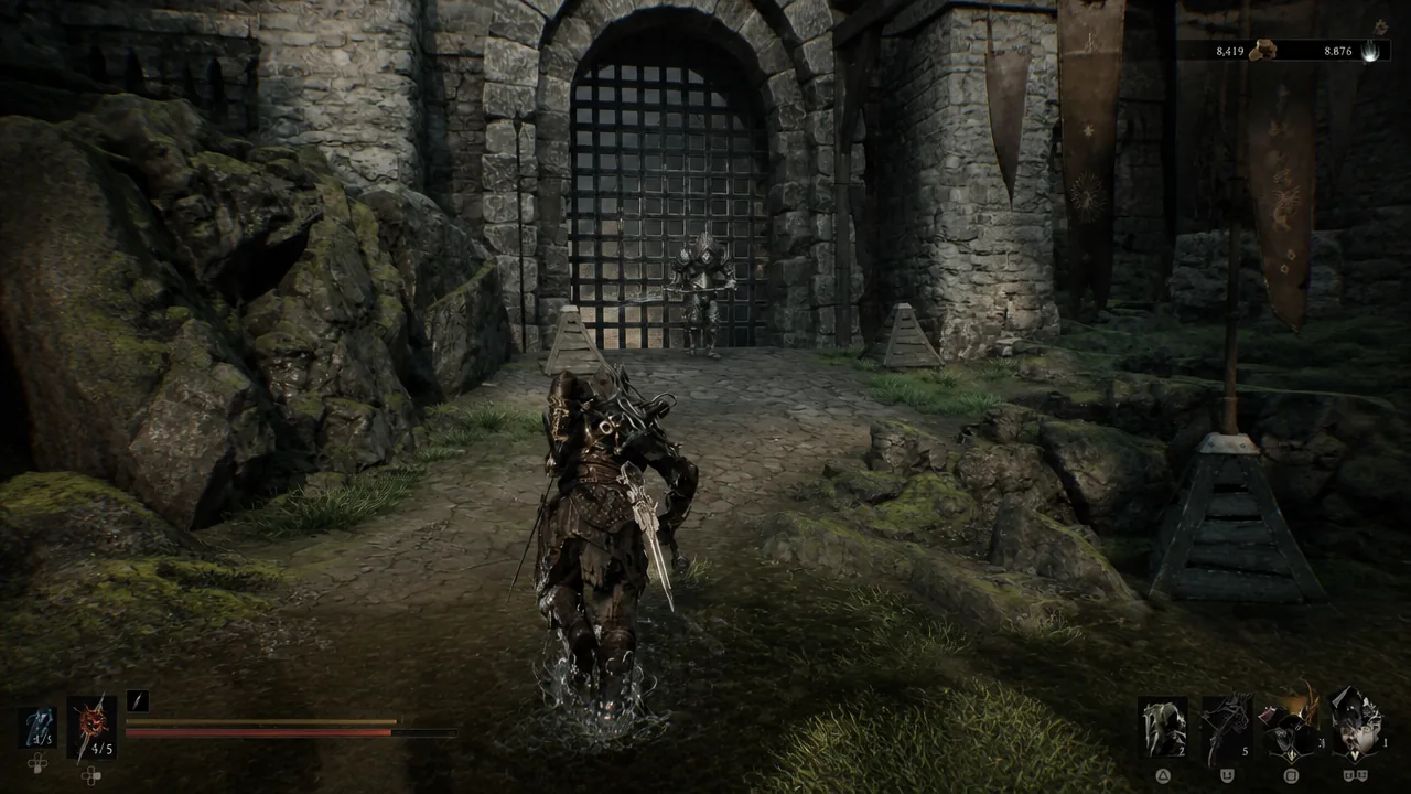 Barred castle gate with an armored guard blocking the approach