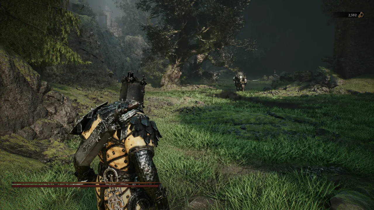 Armored warrior moving through a wooded stretch of Fainweald with two enemies ahead