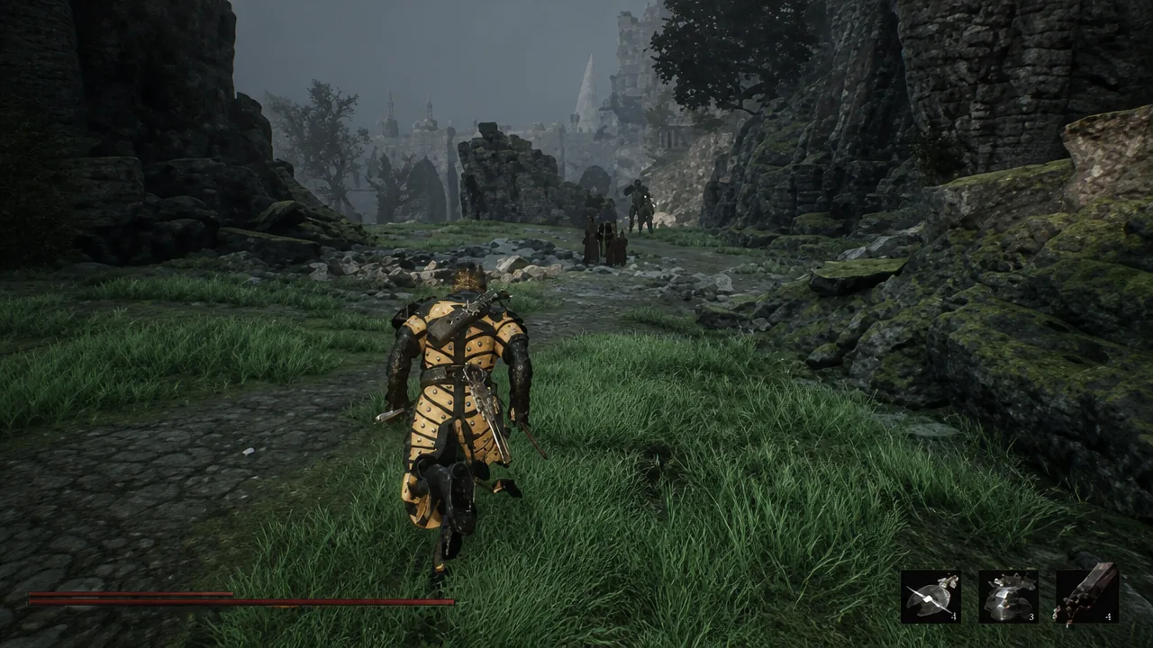 Player running down a rocky path toward enemies gathered near the ravine below