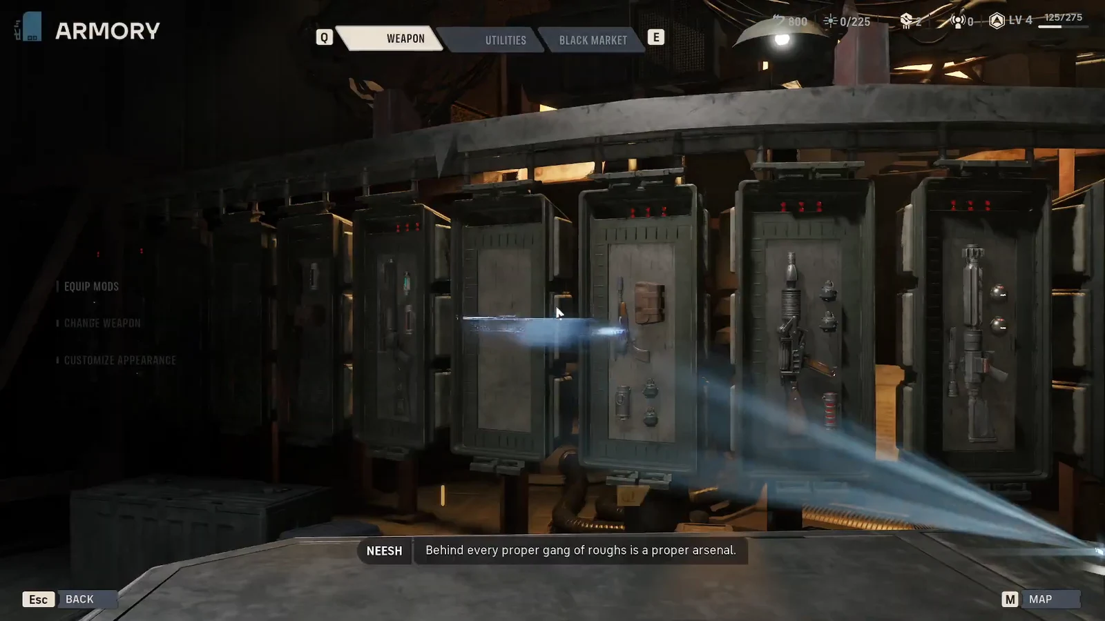 Armory loadout screen open on the Weapon tab with mod and appearance options listed