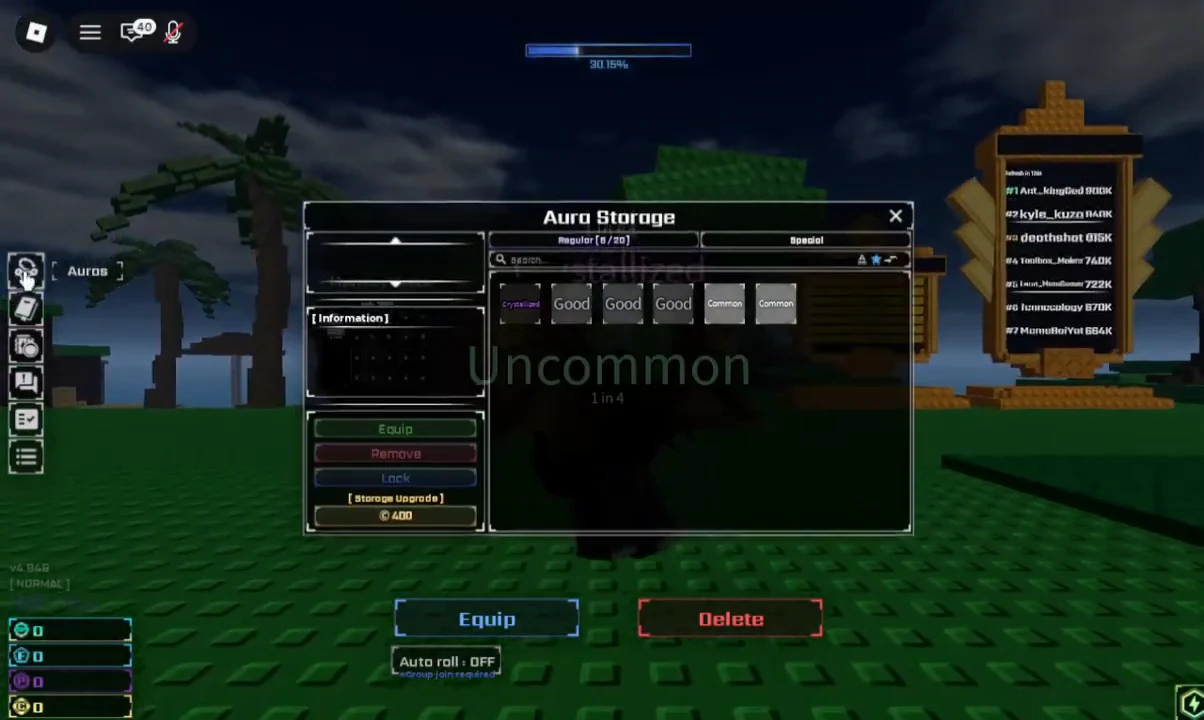 Aura Storage open with an Uncommon aura selected and the green Equip button on the left panel
