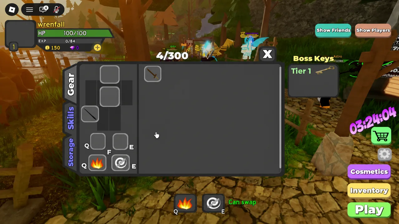Dungeon Quest Reborn inventory menu open on the Gear tab showing stored weapons and the item counter