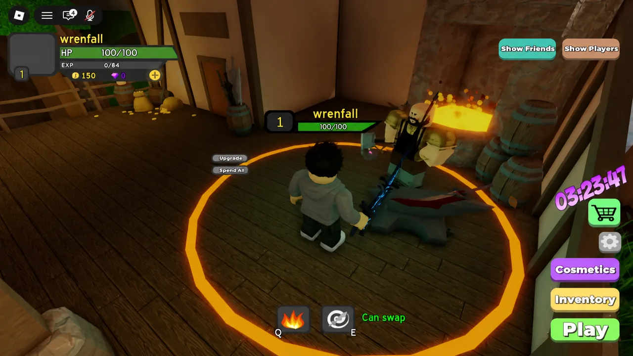 Player standing inside the orange Upgrade circle in the Dungeon Quest Reborn village lobby