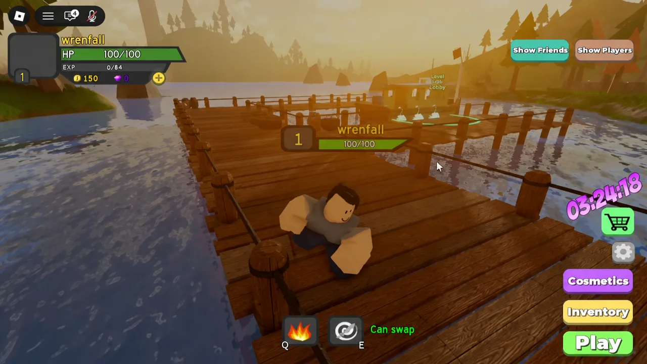 Walking from the starting dock toward the Dungeon Quest Reborn village lobby with the menu bar on screen