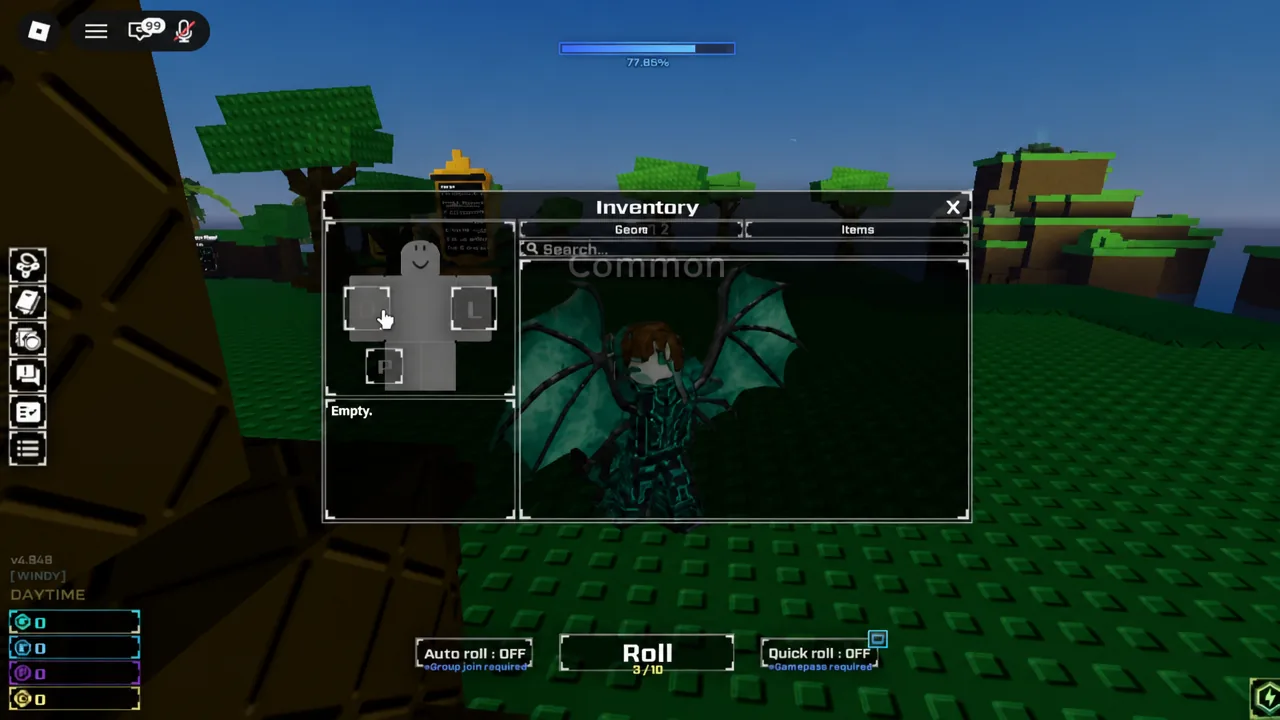 Cursor hovering over an empty hand equipment slot beside the character model in the Sol's RNG inventory