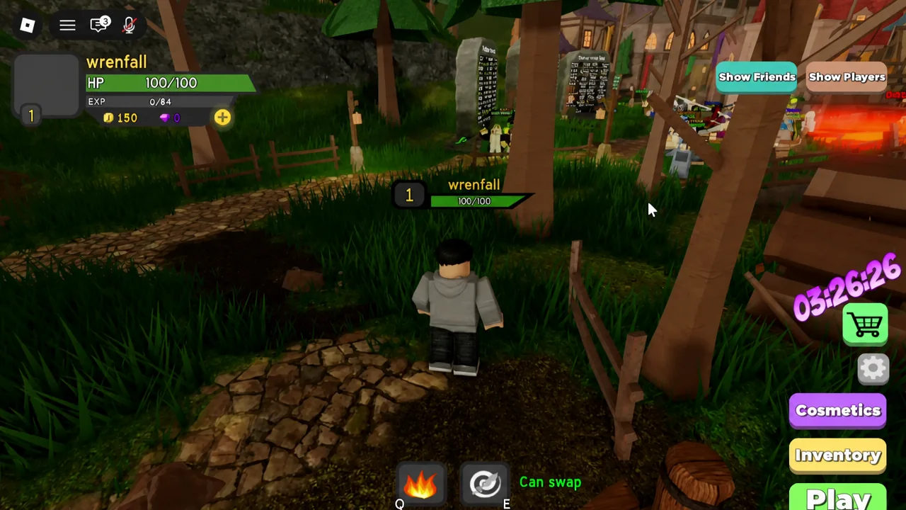 Player avatar standing in the hub area with the Play button and game controls visible