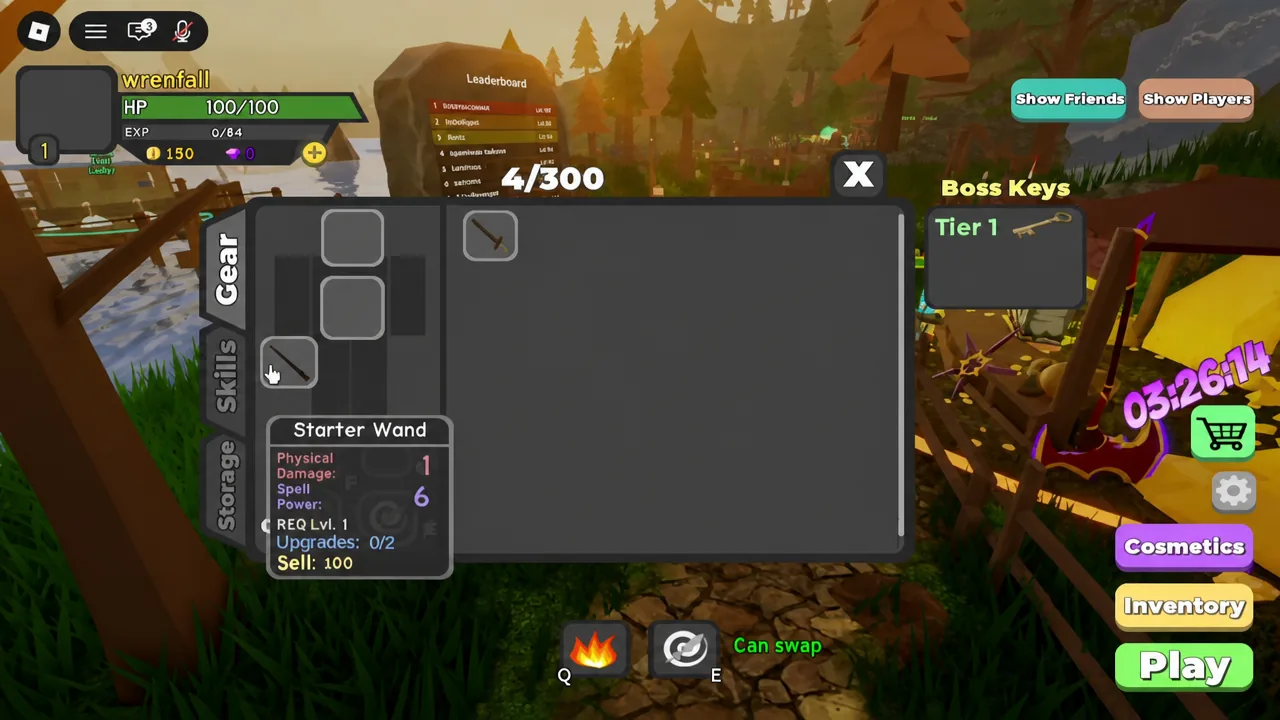 Gear tab with the Starter Wand selected, showing its spell power stats and upgrade count