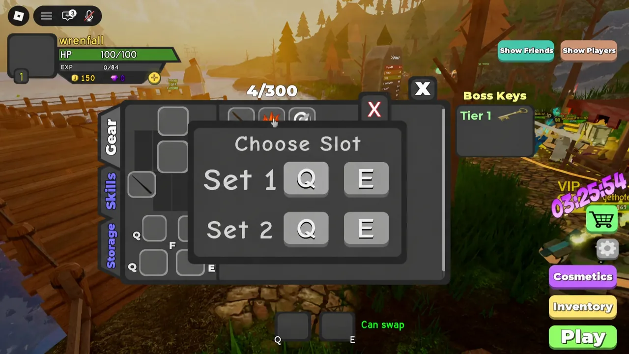 Choose Slot dialog open in the Gear menu for assigning an ability to a Set 1 or Set 2 Q or E slot