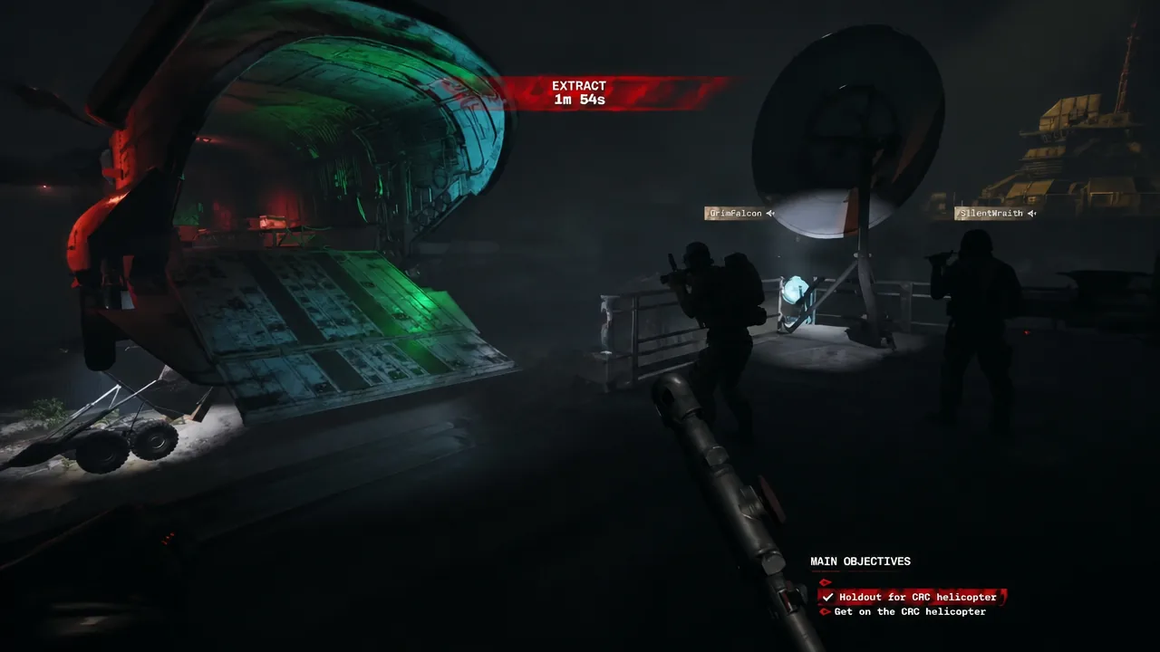 Main Objectives HUD showing the holdout task as the team defends the CRC helicopter extraction point