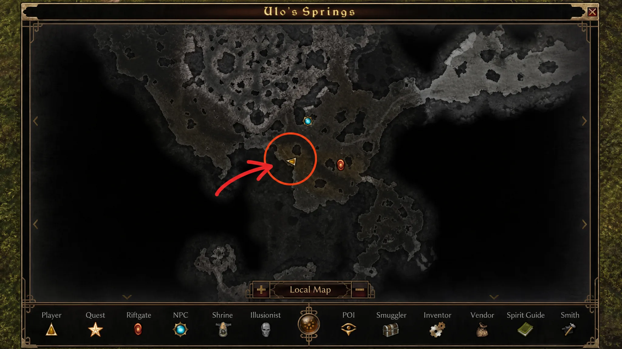 Grim Dawn Fangs of Asterkarn Ulo's Springs Secret Passage Map 1