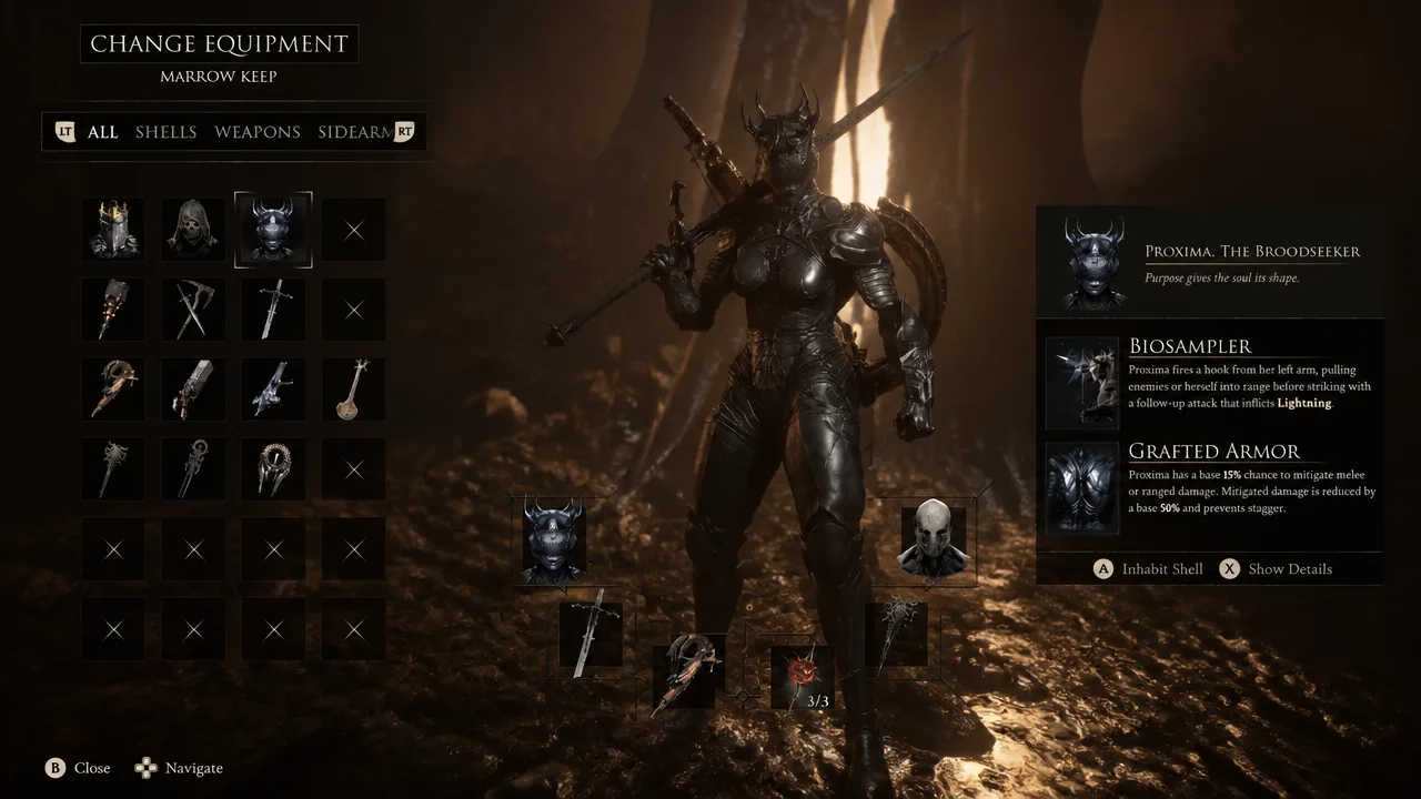 Proxima equipped in Mortal Shell 2, the shell whose Collector passive drops Extracted Specimens
