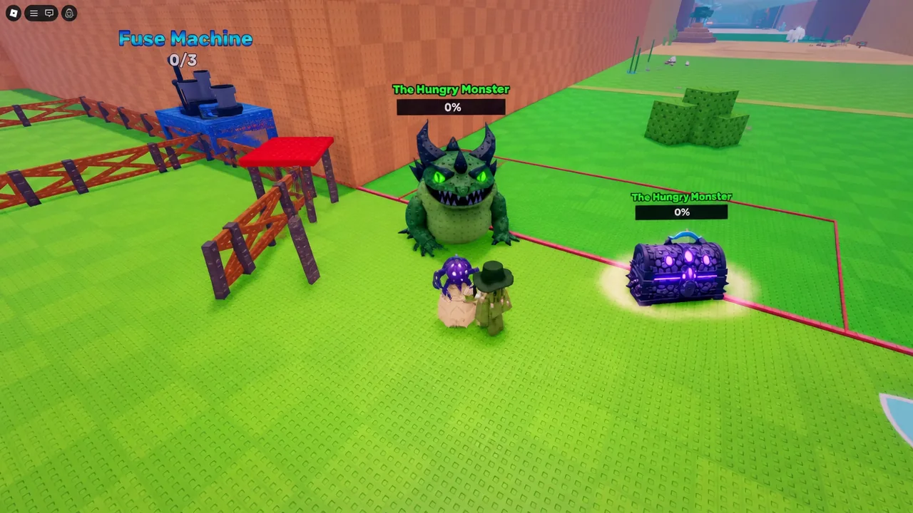 Player standing next to the Hungry Monster and a glowing chest in the safe zone