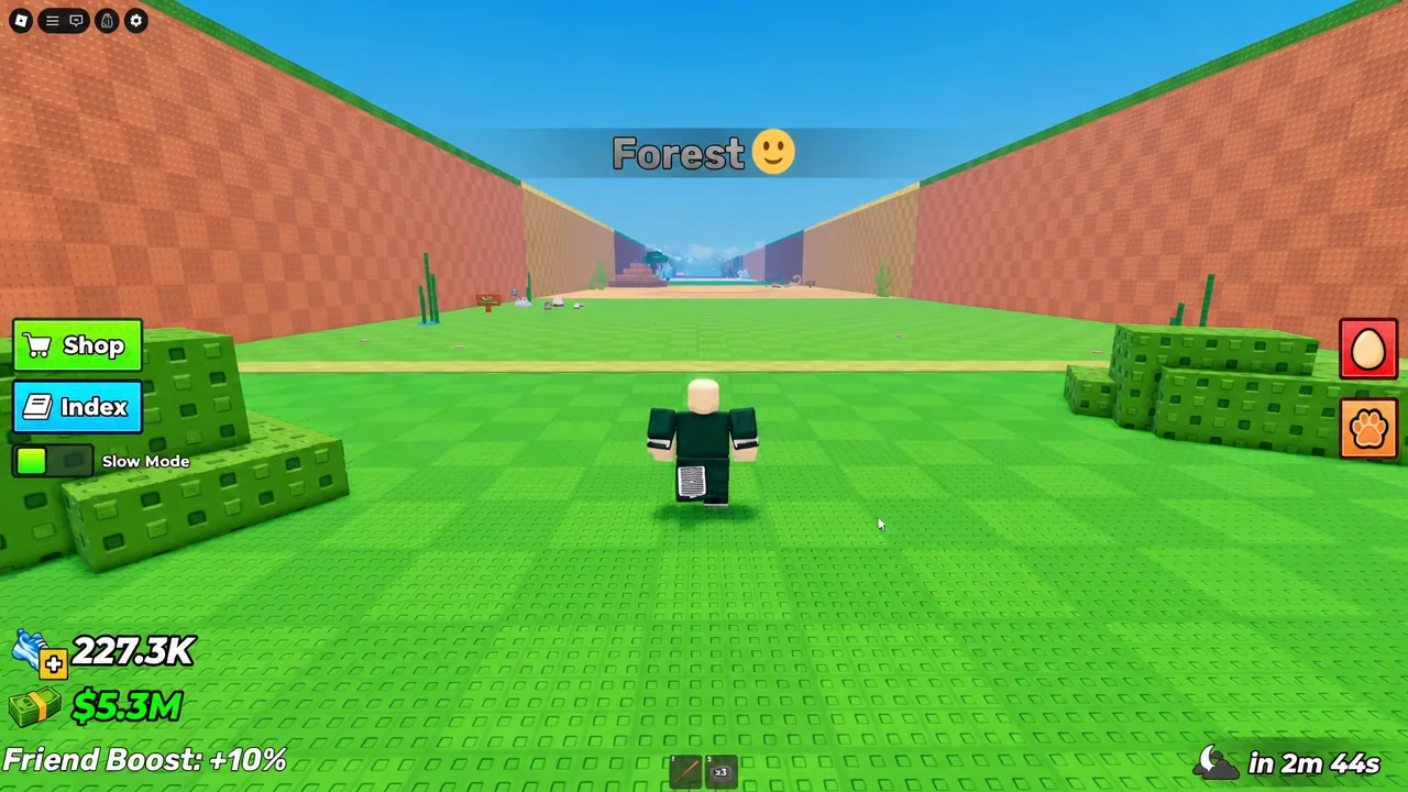 Player character running through the Forest biome with the Shop and Index buttons on screen