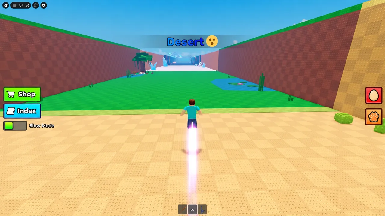 Avatar boosting forward across the Desert zone in Steal an Egg with Slow Mode enabled