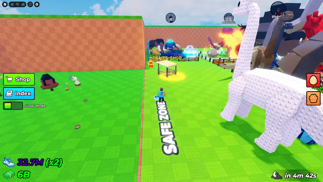 Player running through the Safe Zone in Steal an Egg toward the Trails Shop stall