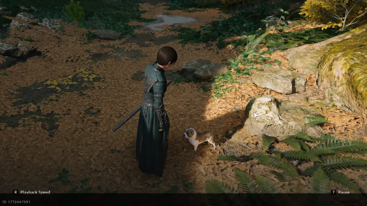 Player character standing beside Doggy: Sixty-Six among the trees before petting it