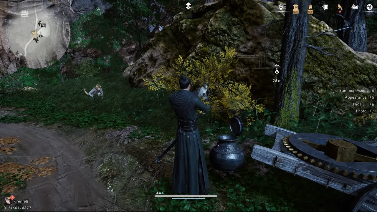 Player character facing a mount in the forested lower camp area of Goldflow Slope