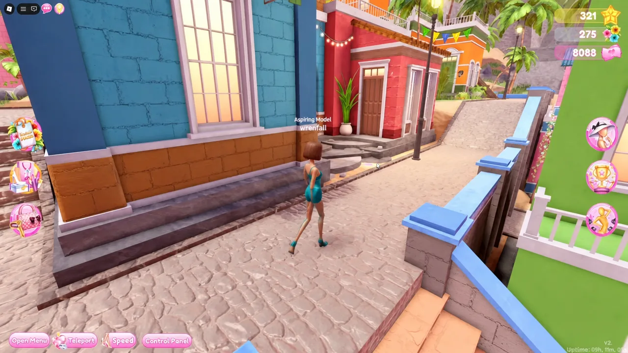 Player approaching another Aspiring Model character in the town street between houses