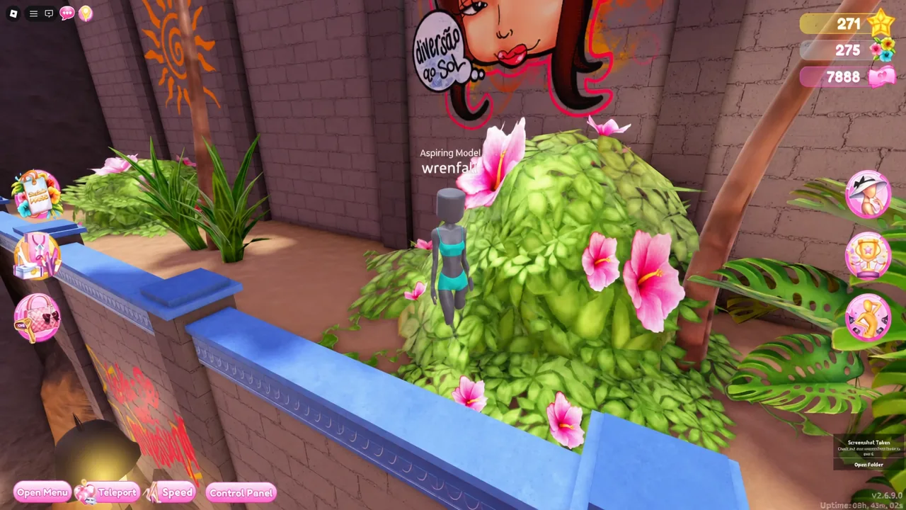 Avatar Wrenfall standing on a leafy rooftop in the town area with a screenshot notification on screen