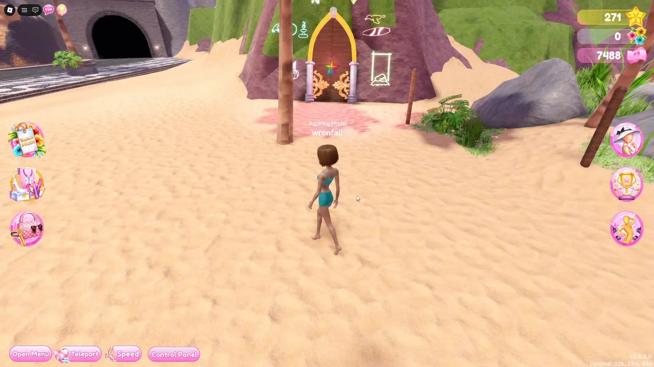 Player avatar standing on the beach sand facing an ornate doorway near the shoreline dig spot