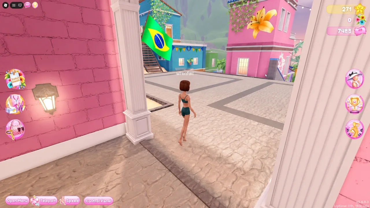 Player character walking through a doorway leading from the beach into the town area