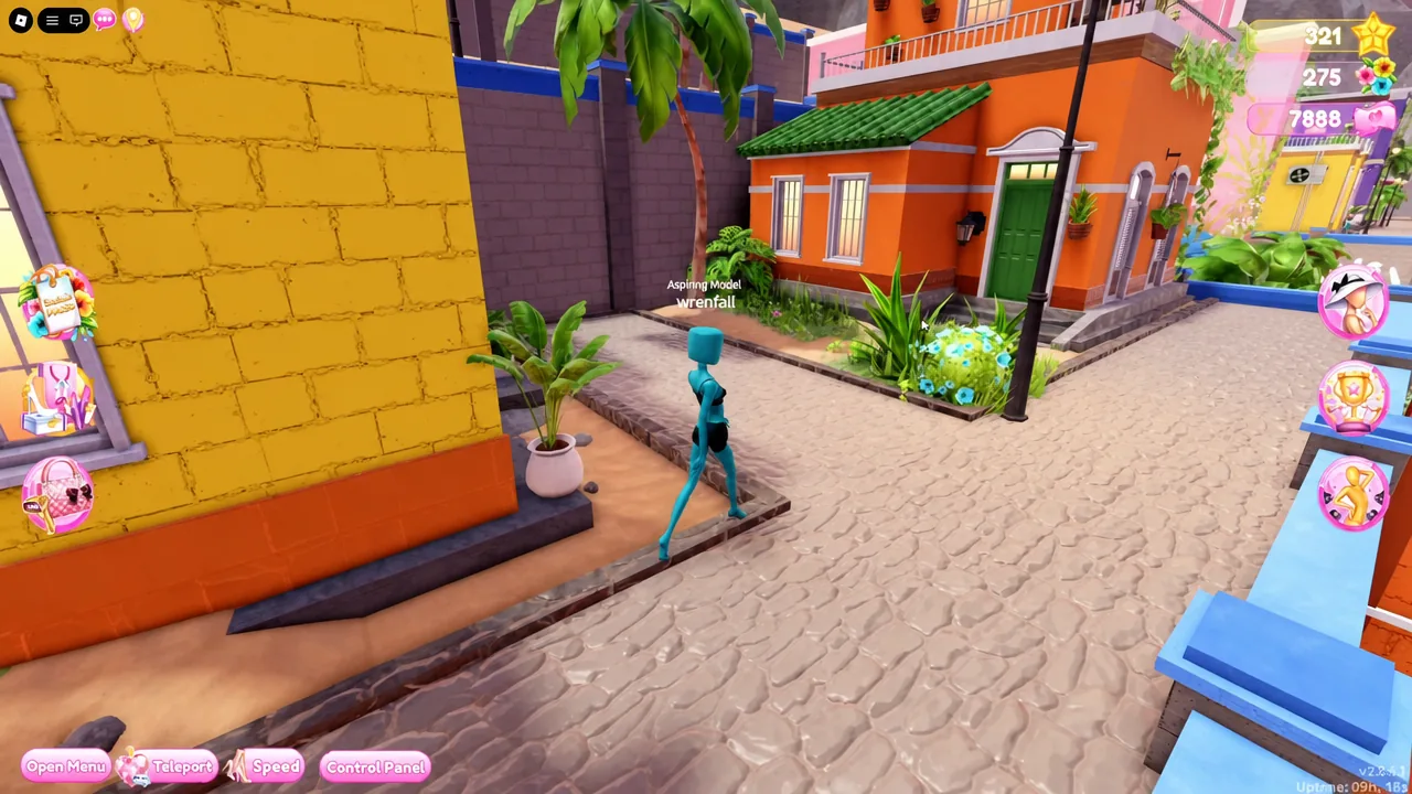 Character walking through the town neighborhood toward the wooden stairs near the entrance