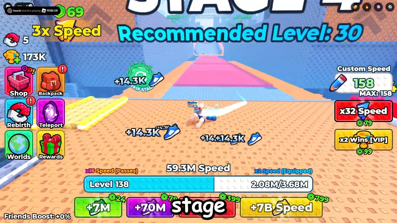Player running through a stage with 3x Speed active near the top-level platforms