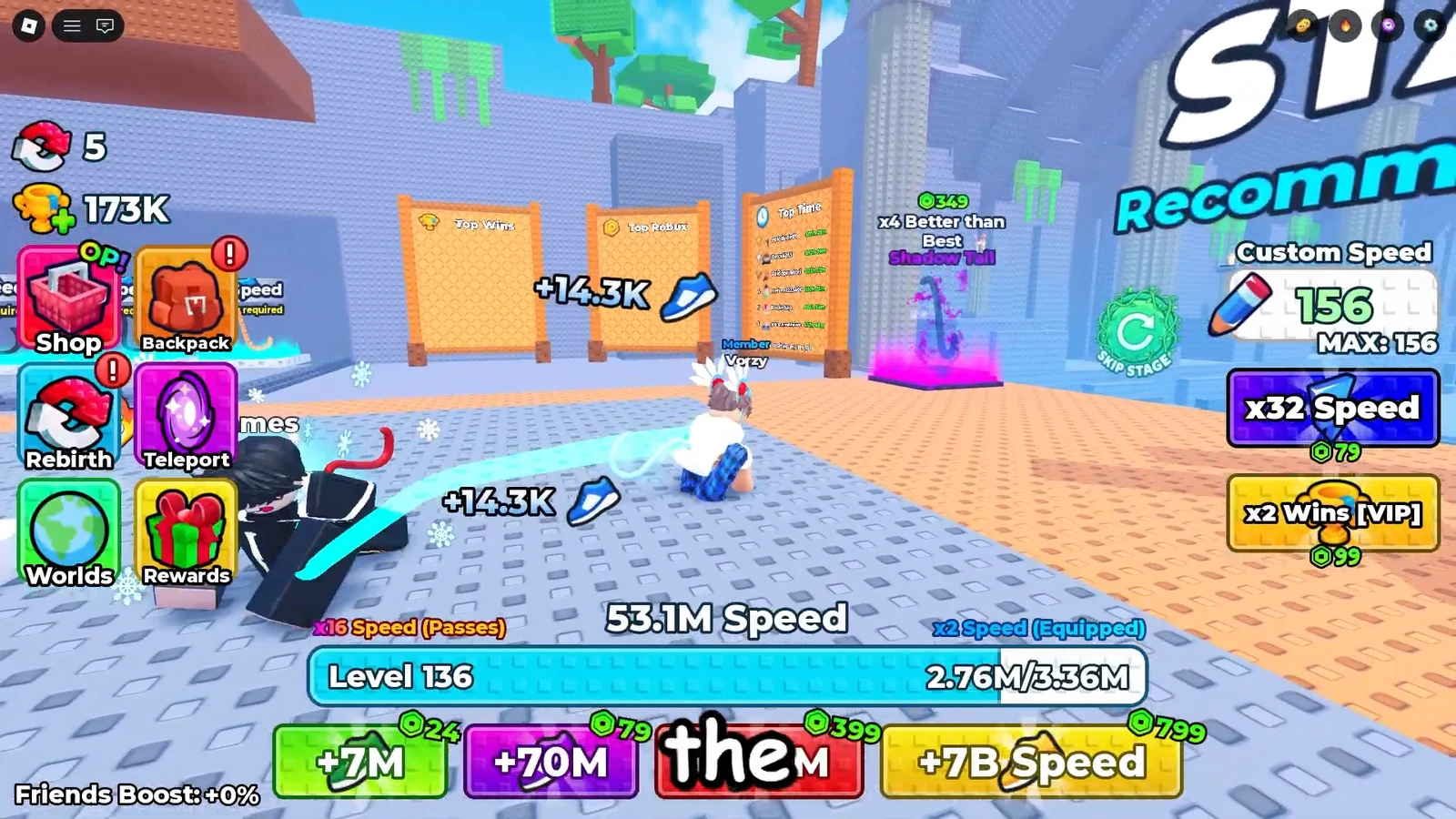 Spawn area of the game with speed boosts active and Level 136 progress on screen