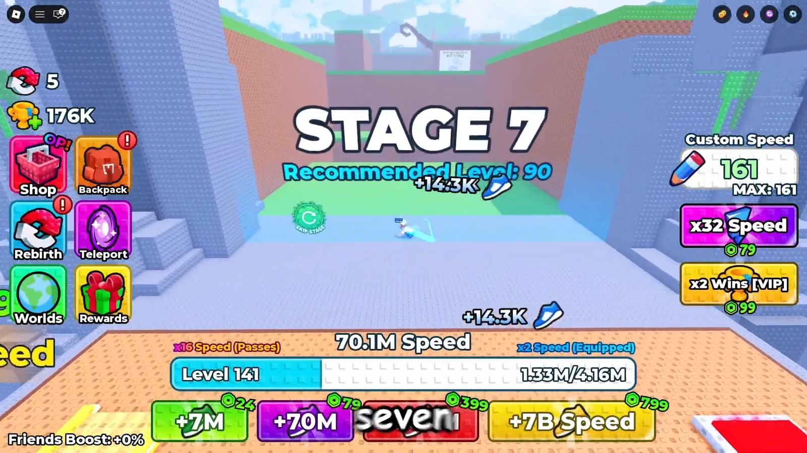 Stage 7 with the player running forward, Custom Speed at 161 and x2 Speed equipped