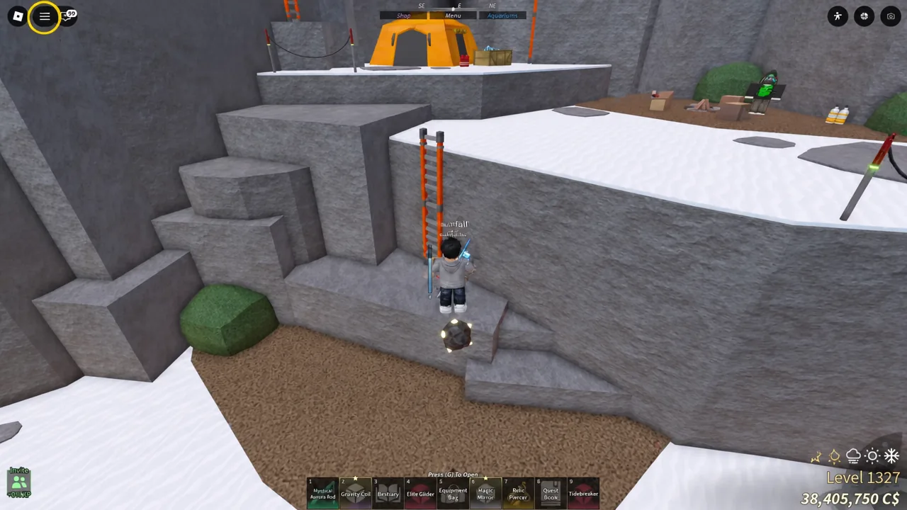 Player climbing the orange ladder at the third camp on the snowy Northern Expedition route