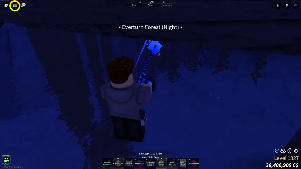 Everturn Forest at night as the player heads toward the central lake and waterfall