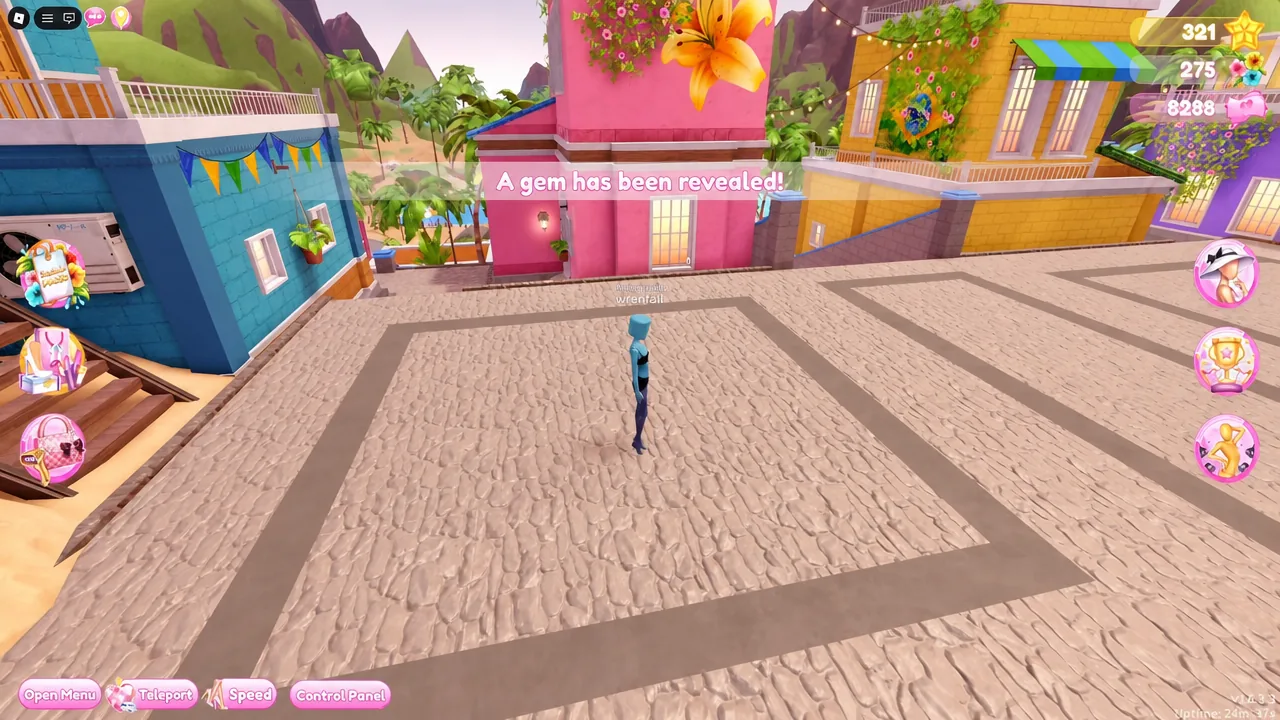 On-screen message reading A gem has been revealed while the avatar stands in the open area