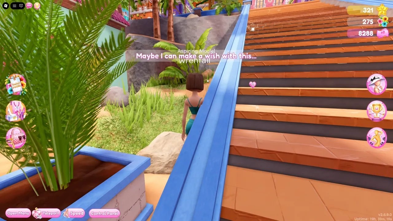 Avatar approaching the highlighted fountain while the make a wish prompt appears on screen