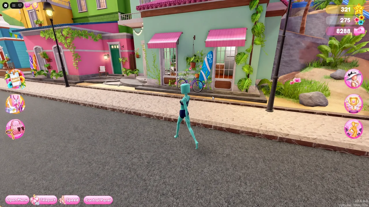 Player avatar walking down the town street with the Teleport and Control Panel buttons on screen
