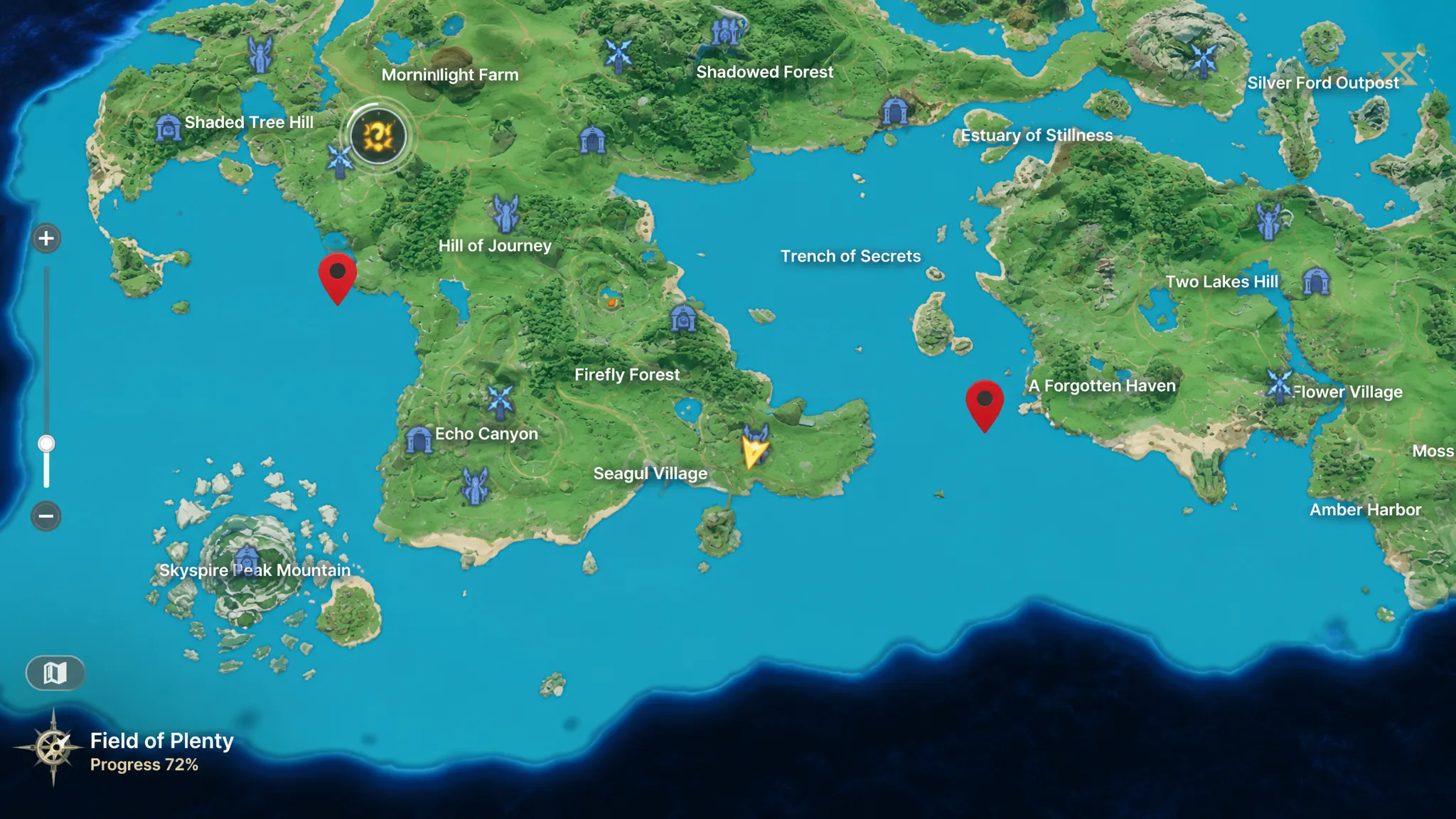 A map in DragonSword: Awakening that displays the locations of secret dungeons