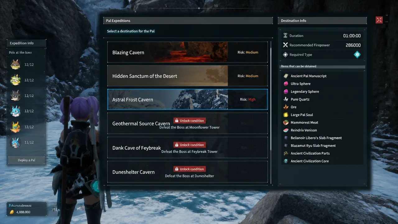 The rewards list for Astral Frost Cavern Expeditions in Palworld that includes an Ancient Civilization Core