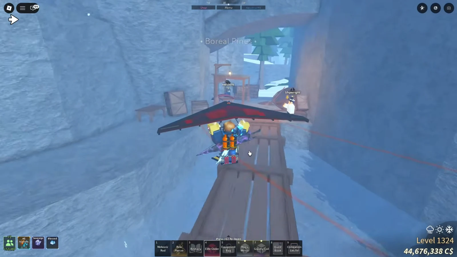 Player gliding across Boreal Pines toward the Merchant and Shipwright on the snowy island