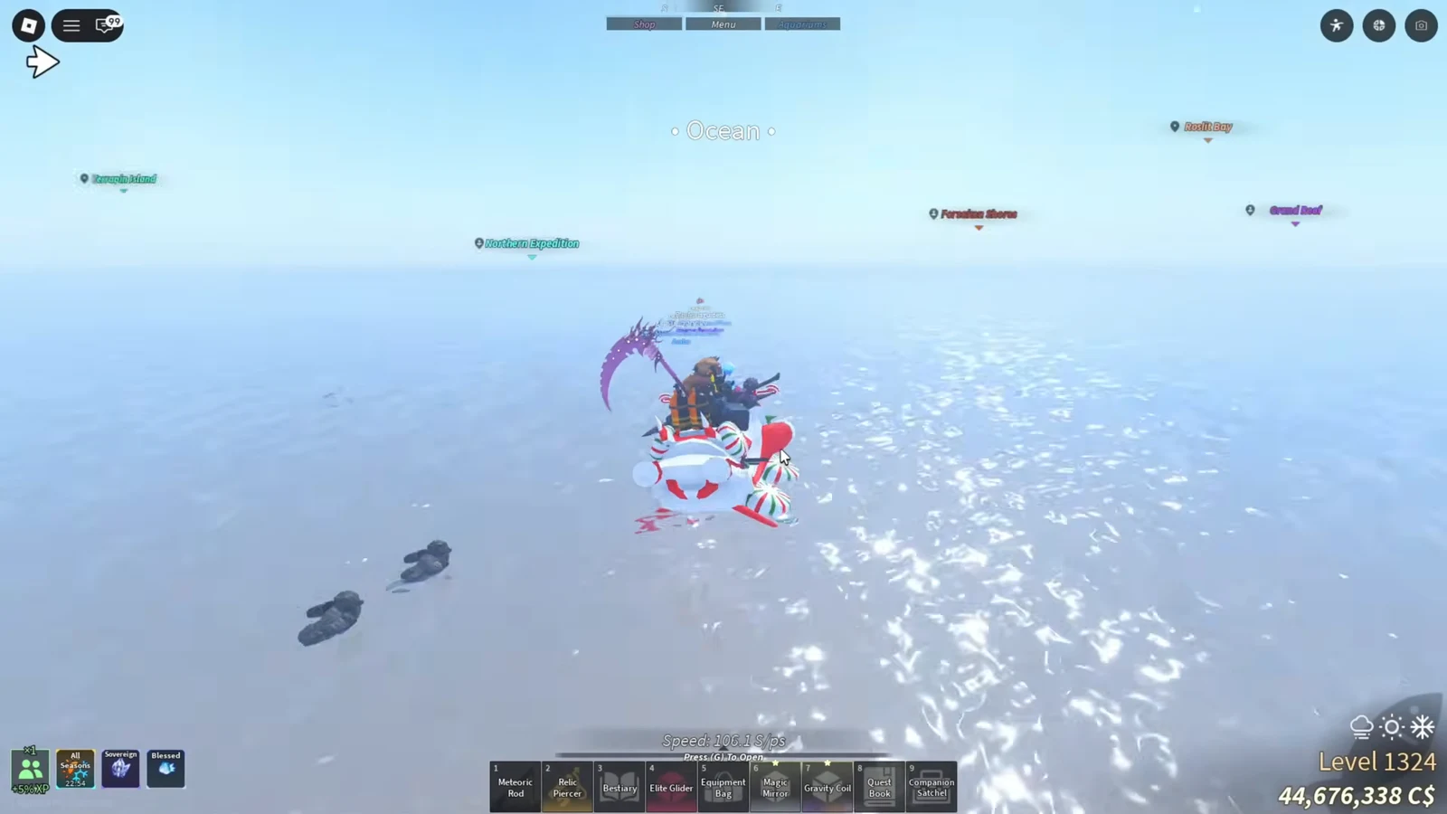 Player crossing the ocean on a festive floating mount toward marked destinations
