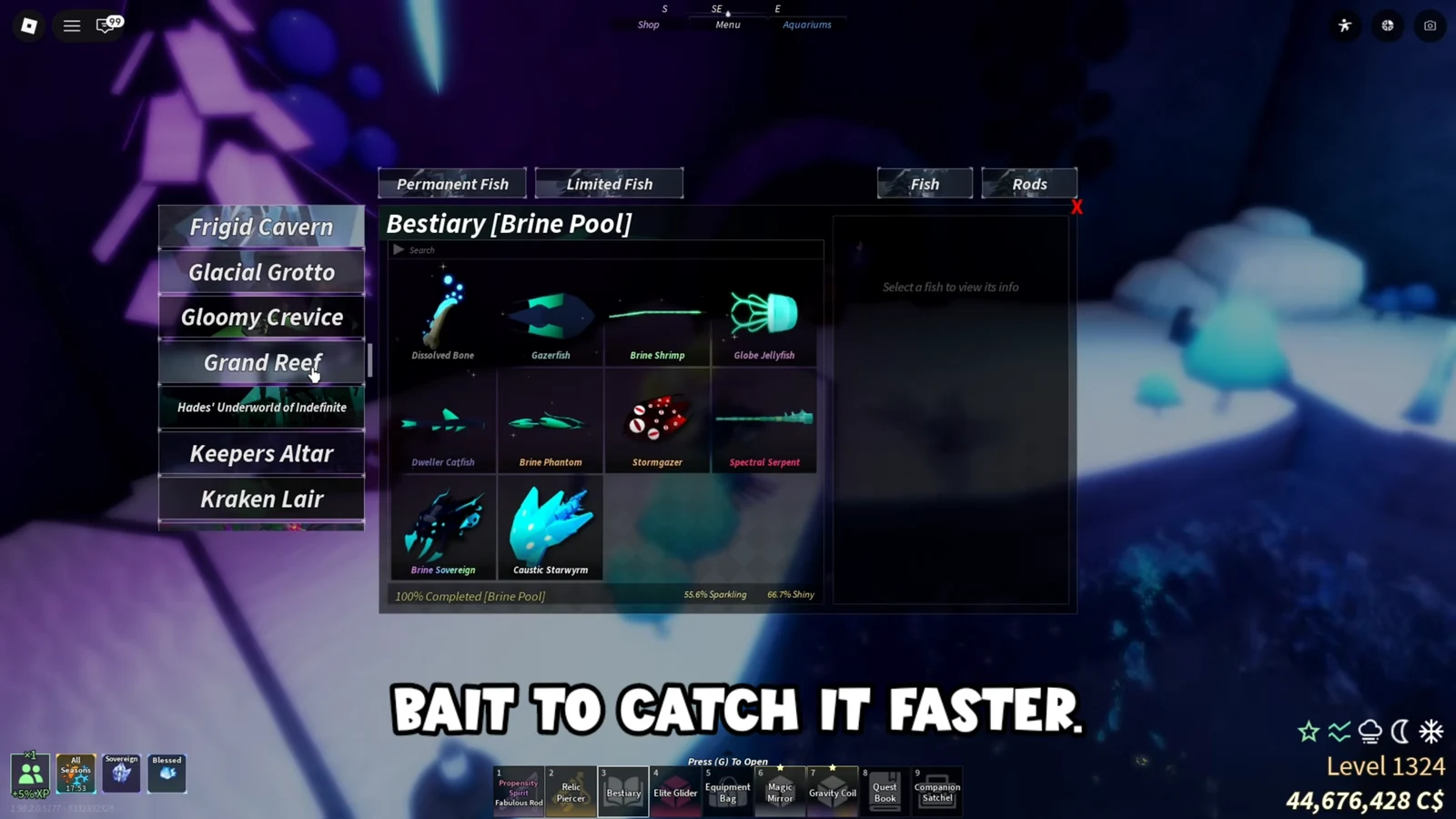 Bestiary menu showing completed fish entries in the Astral Observatory area