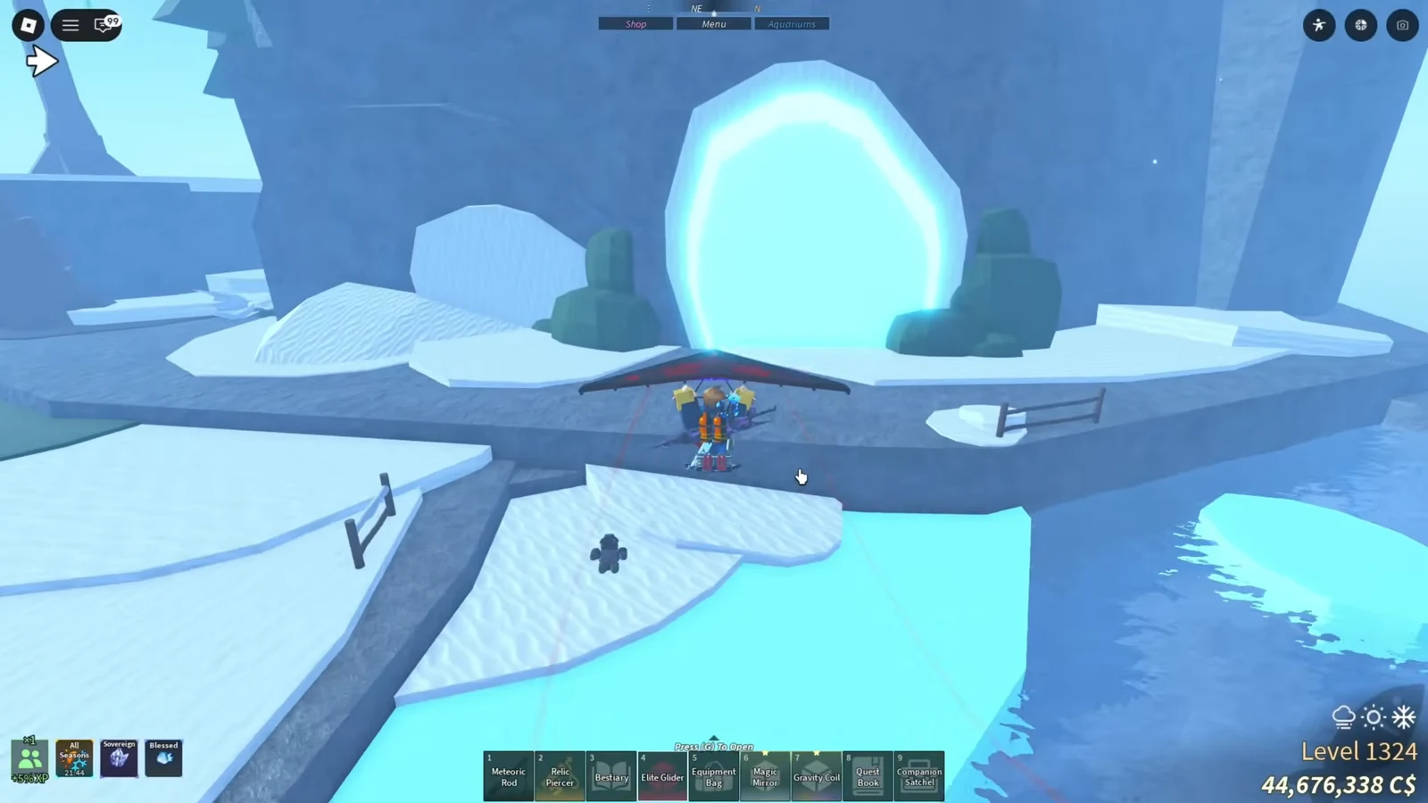 Avatar gliding toward a glowing blue portal with Shop, Menu, and Aquariums tabs on screen