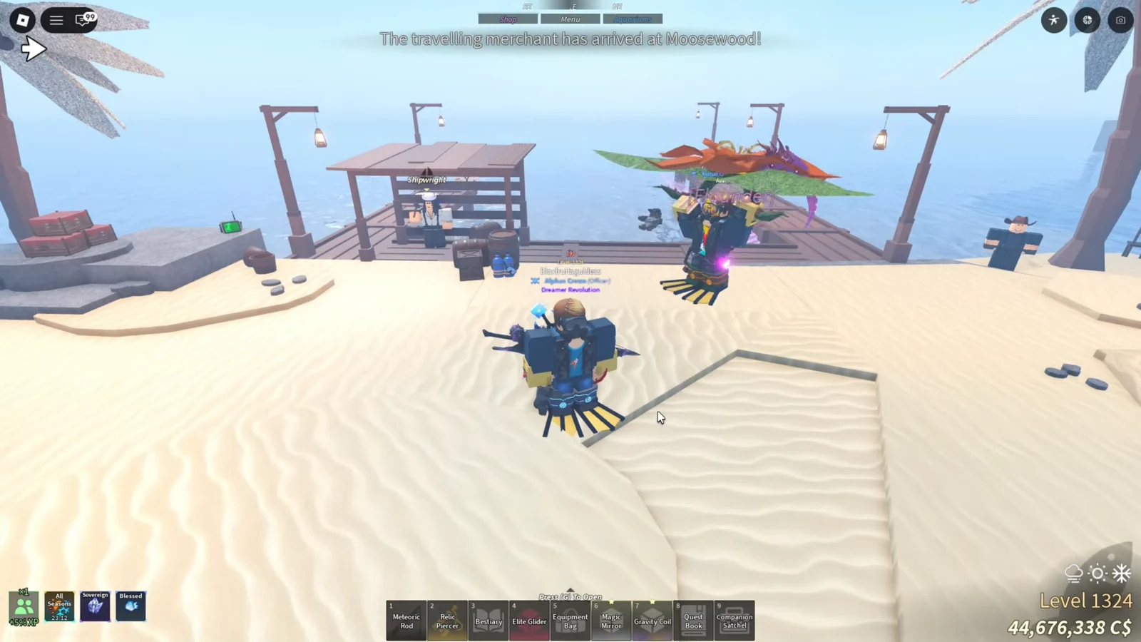 Player at the Moosewood Shipwright dock as the travelling merchant arrival message appears