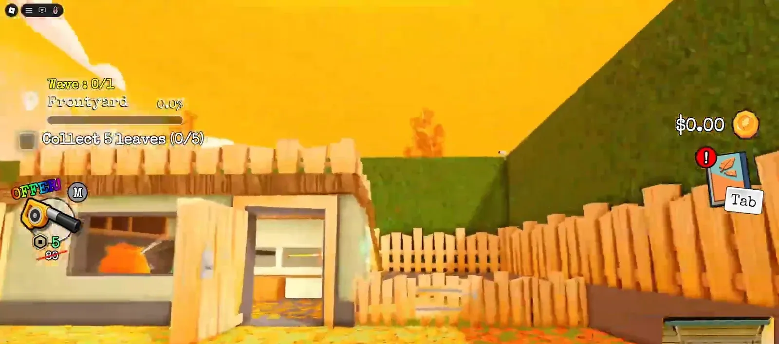 Frontyard HUD showing Collect 5 leaves 0 of 5 while the player searches the fenced yard