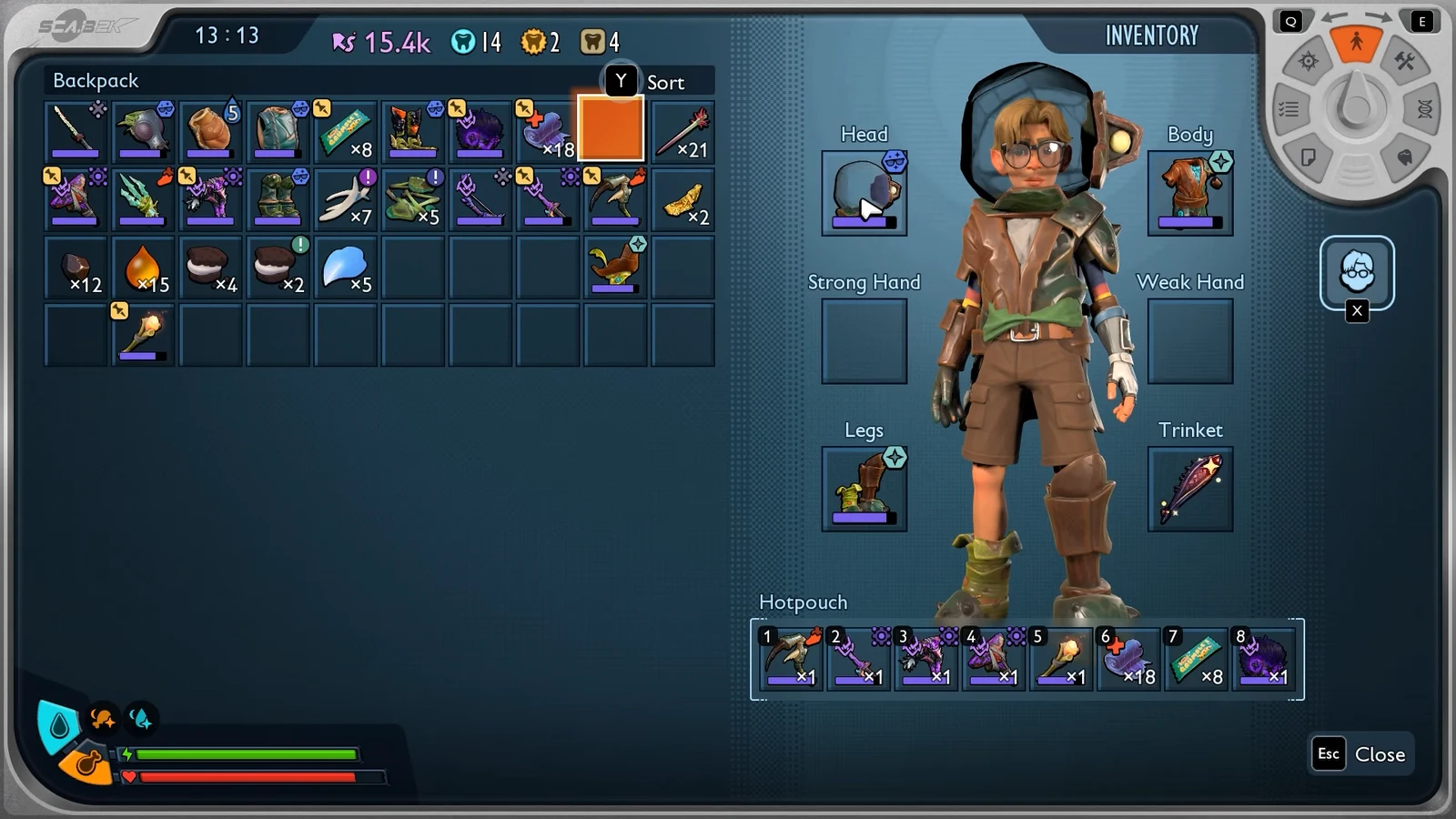 Inventory open on the Head equipment slot to equip the Diving Helmet before the swim.