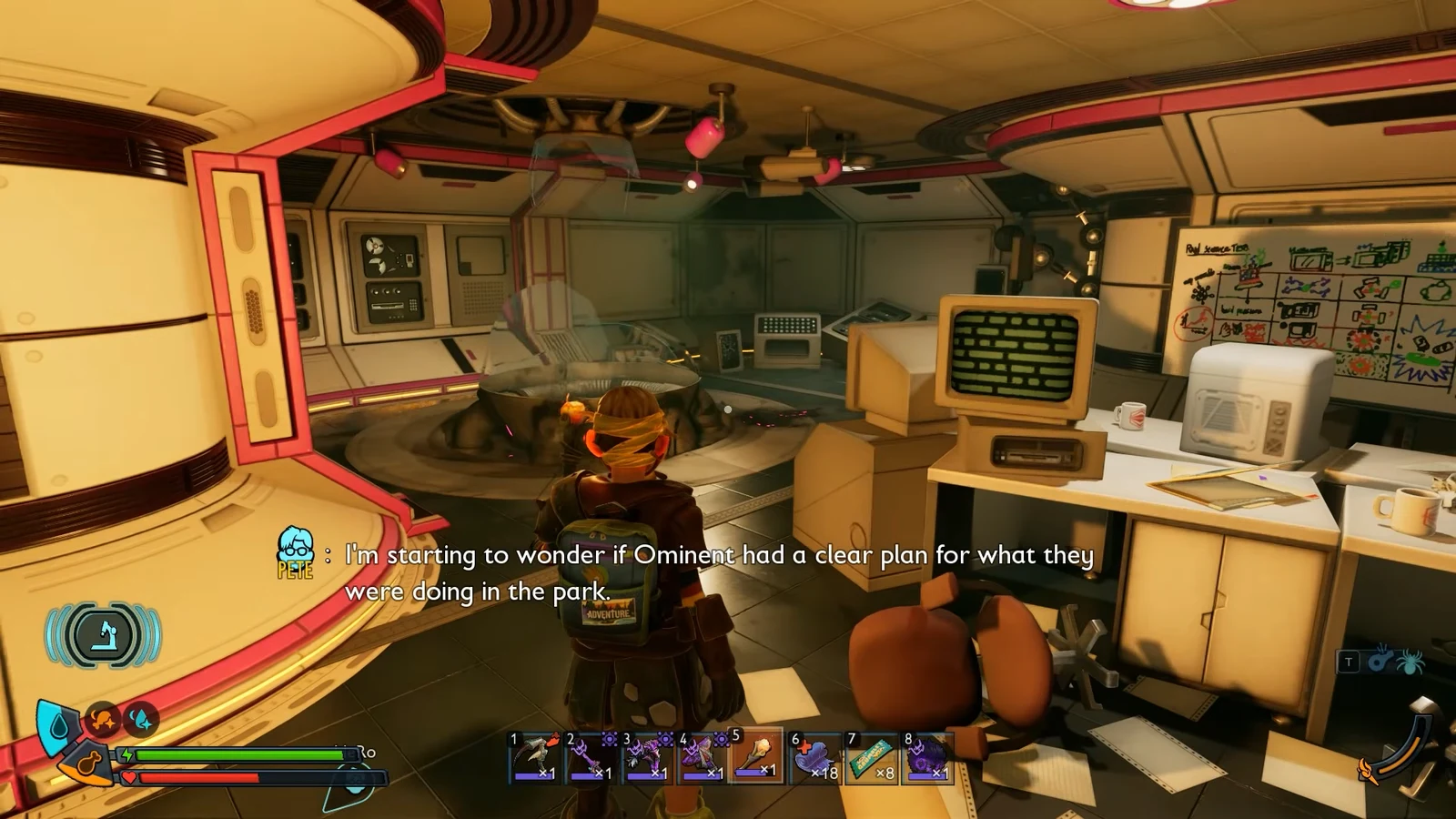 First-person lab view with a Pete dialogue subtitle reading Ominent had a clear plan.