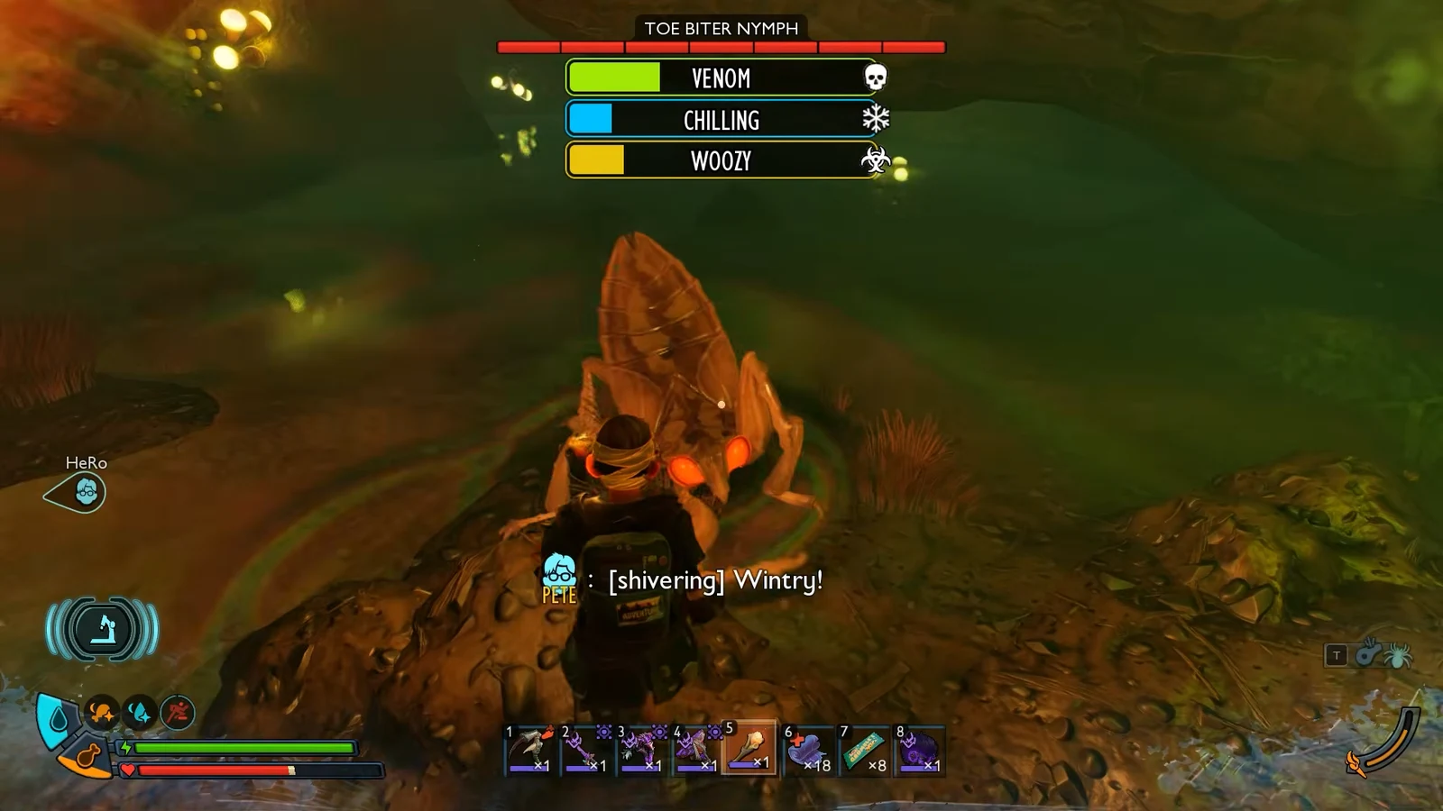 Toe Biter Nymph boss health bar and status meters shown near the lab entrance.