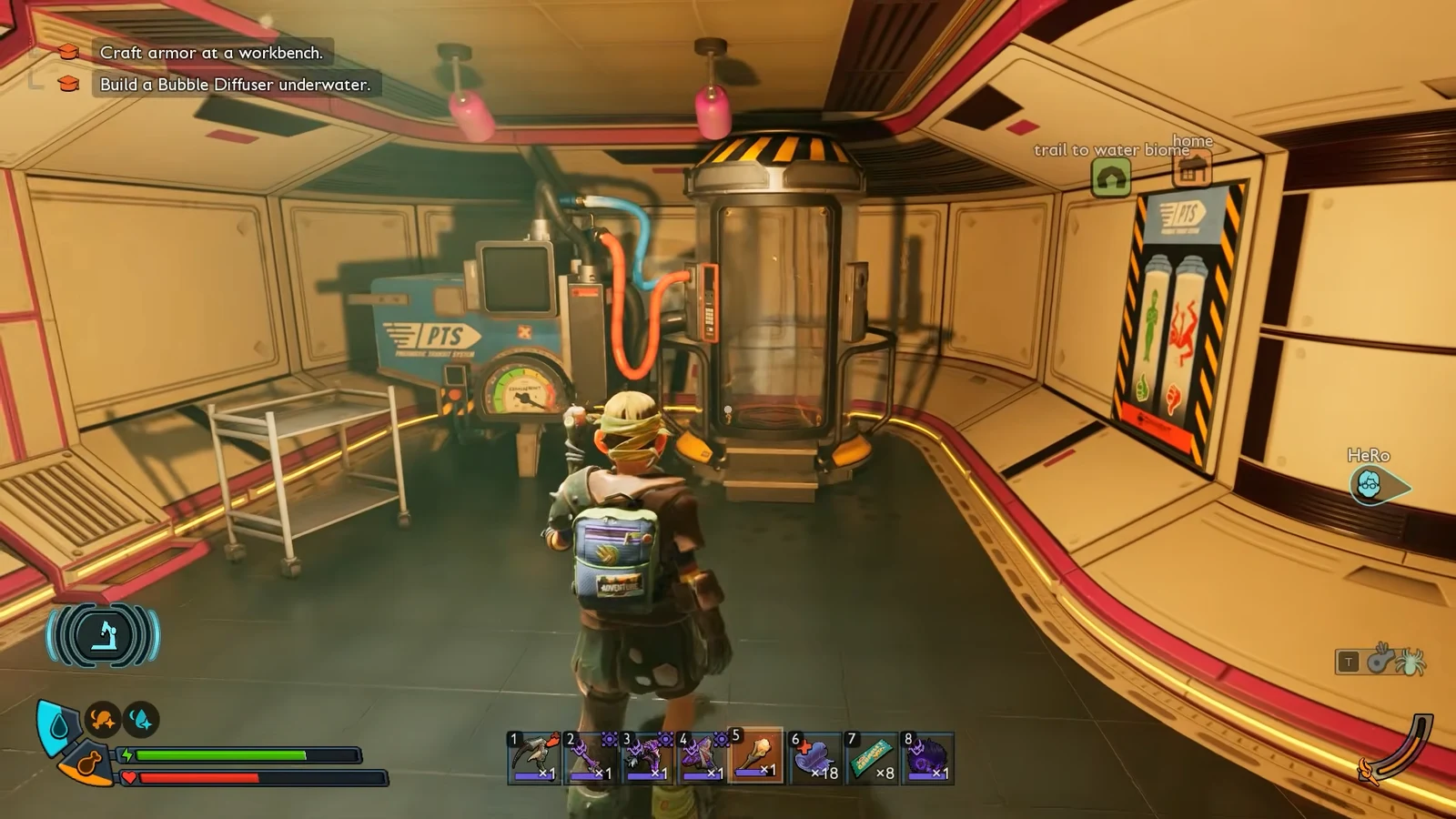 Player at the workbench crafting station with underwater armor and Bubble Diffuser objectives.