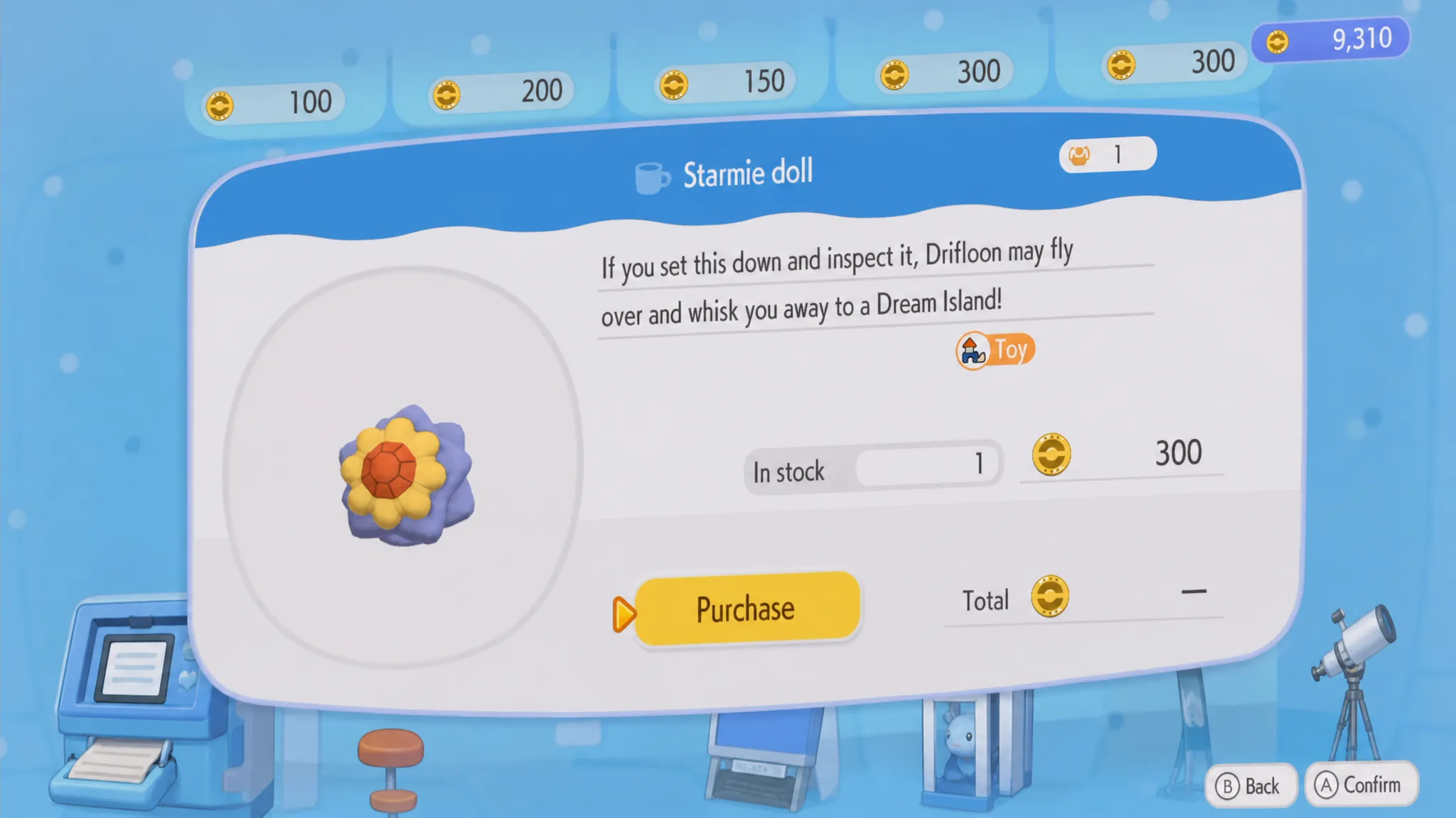Purchasing a Starmie Doll from the PC in Pokémon Pokopia
