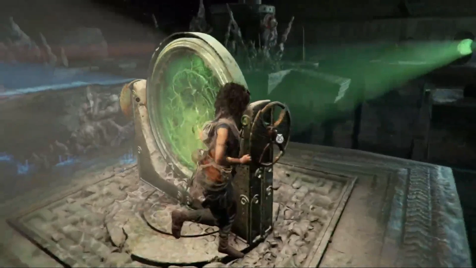 Sophia pulls a tall lever next to a glowing green doorway inside the trial