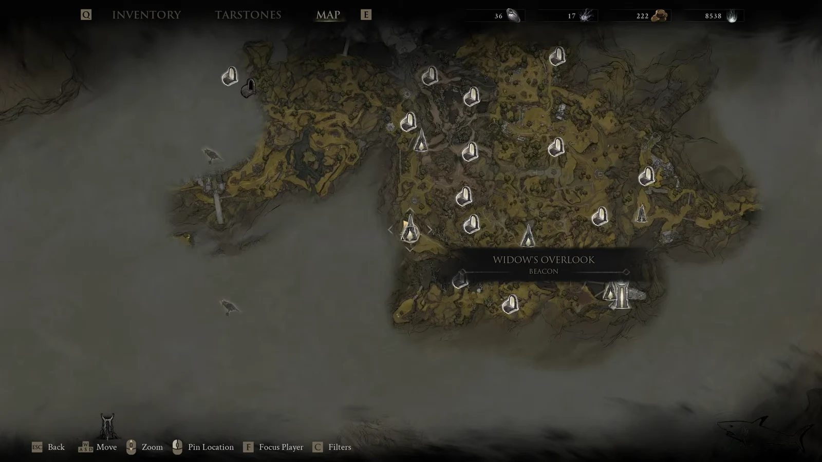 Map screen with Widow's Overlook Beacon highlighted and travel controls visible