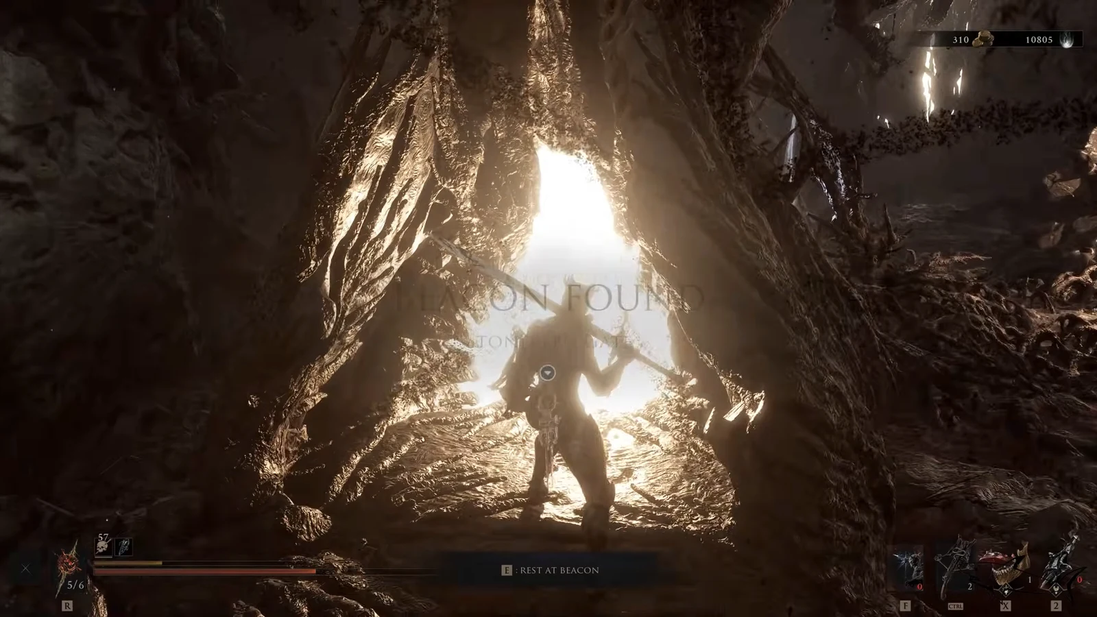 Gameplay prompt reading E - Rest at Beacon as the character reaches a beacon